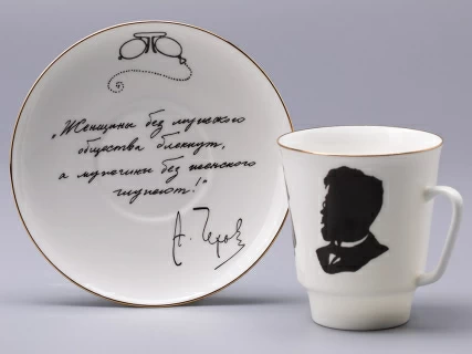Чашка с блюдцем 165 мл форма Майская рисунок Русские писатели Чехов, арт. 81.31160.00.1,  Чашка с блюдцем 165 мл форма Майская рисунок Русские писатели Чехов, арт. 81.31160.00.1,