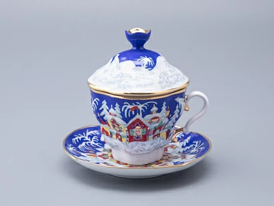 Чашка с блюдцем и с крышкой чайная форма Подарочная-2 рисунок Зимняя сказка 250 мл арт. 81.14563.00.1