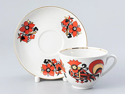 Чашка с блюдцем чайная Весенняя Красные петушки 250 мл арт. 81.15902.00.1