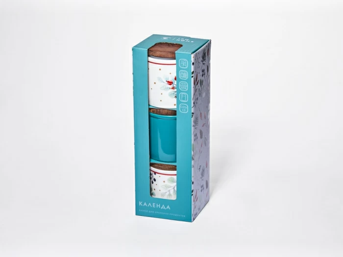 Набор банок 80 мм с деревянной крышкой (3 предмета), в подарочной упаковке, форма Стандартная, рисунок Календа, арт 42.00071.00.1, 