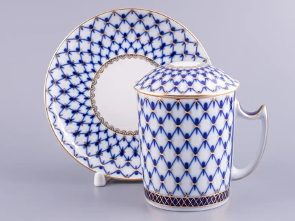 Бокал с блюдцем и с крышкой 380 мл форма Снежное утро рисунок Кобальтовая сетка арт. 81.15425.00.1, 