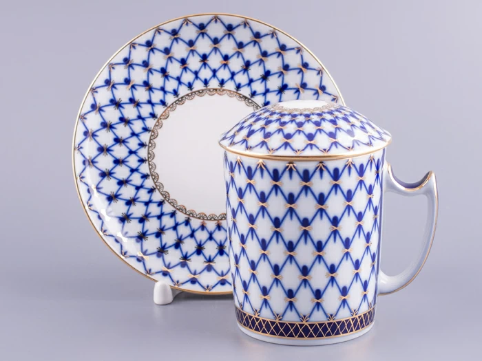 Бокал с блюдцем и с крышкой 380 мл форма Снежное утро рисунок Кобальтовая сетка арт. 81.15425.00.1, 