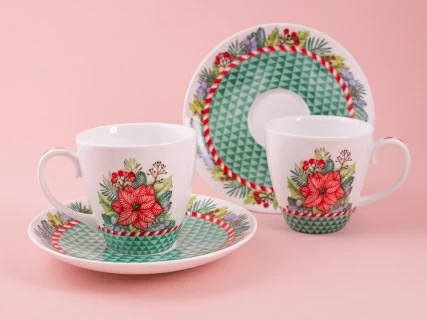 Набор бокалов с блюдцем 2шт форма Весна, рисунок Зимняя история (зеленый) арт. 81.11373.00.1, 