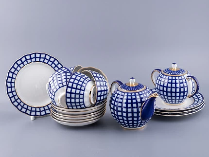 Сервиз чайный форма Тюльпан рисунок Кобальтовая клетка, 6 персон 20 предметов, арт. 81.15116.01.1