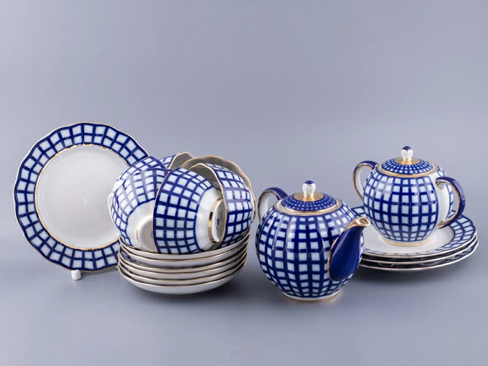 Сервиз чайный форма Тюльпан рисунок Кобальтовая клетка, 6 персон 20 предметов, арт. 81.15116.01.1, 