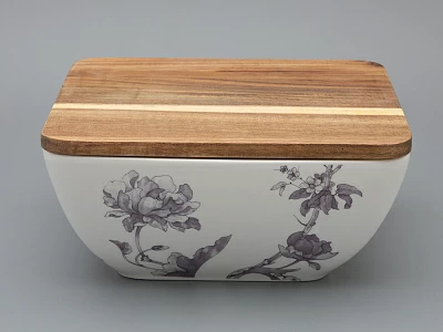 Салатник большого размера с деревянной крышкой форма Стандартная, рисунок Monplaisir Violet в упаковке арт 42.00063.00.1