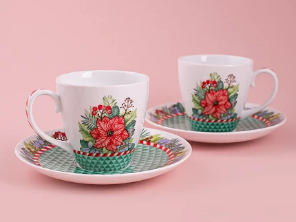 Набор бокалов с блюдцем 2шт форма Весна, рисунок Зимняя история (зеленый) арт. 81.11373.00.1