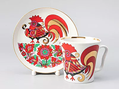 Бокал с блюдцем форма Ленинградский рисунок Красный петух 360 мл арт. 81.25772.00.1