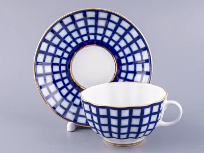 Чашка с блюдцем чайная 250 мл форма Тюльпан рисунок Кобальтовая клетка арт. 81.14860.00.1