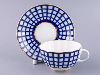 Чашка с блюдцем чайная 250 мл форма Тюльпан рисунок Кобальтовая клетка арт. 81.14860.00.1