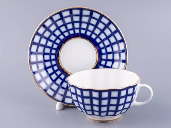 Чашка с блюдцем чайная 250 мл форма Тюльпан рисунок Кобальтовая клетка арт. 81.14860.00.1, 