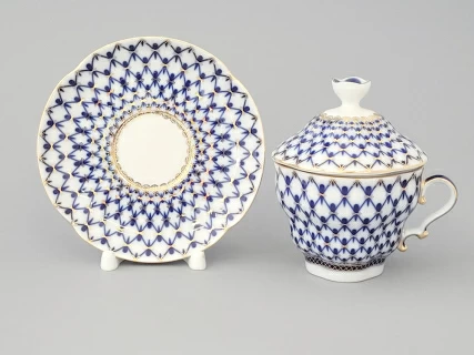 Чашка с блюдцем и с крышкой чайная 250 мл форма Подарочная-2 рисунок Кобальтовая сетка арт. 81.15419.00.1, 