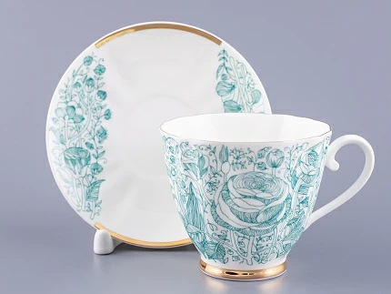 Чашка с блюдцем чайная 200 мл форма Гвоздика рисунок Лето Зеленое арт. 81.20071.00.1