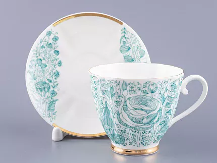 Чашка с блюдцем чайная 200 мл форма Гвоздика рисунок Лето Зеленое арт. 81.20071.00.1