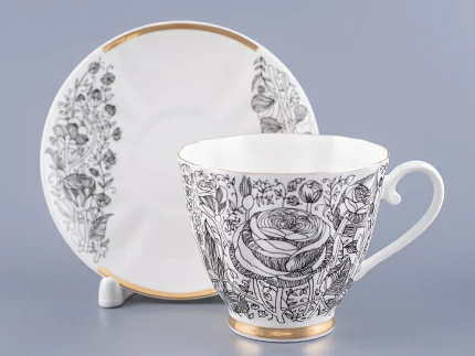 Чашка с блюдцем чайная 200 мл форма Гвоздика рисунок Лето Черное арт. 81.20072.00.1