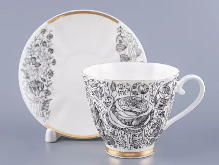 Чашка с блюдцем чайная 200 мл форма Гвоздика рисунок Лето Черное арт. 81.20072.00.1