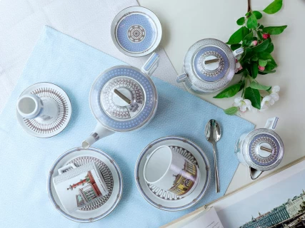 Сервиз чайный на 6 персон 21 предмет, форма Гербовая, рисунок Серебряный город, арт. 81.32583.00.1,  Сервиз чайный на 6 персон 21 предмет, форма Гербовая, рисунок Серебряный город, арт. 81.32583.00.1,