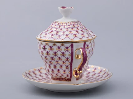 Чашка с блюдцем и крышкой форма Подарочная-2 рисунок Сетка-Блюз 2 арт. 81.26643.00.1, 