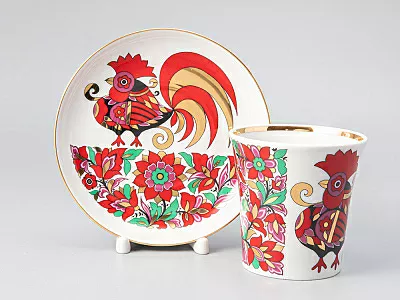 Бокал с блюдцем форма Ленинградский рисунок Красный петух 360 мл арт. 81.25772.00.1