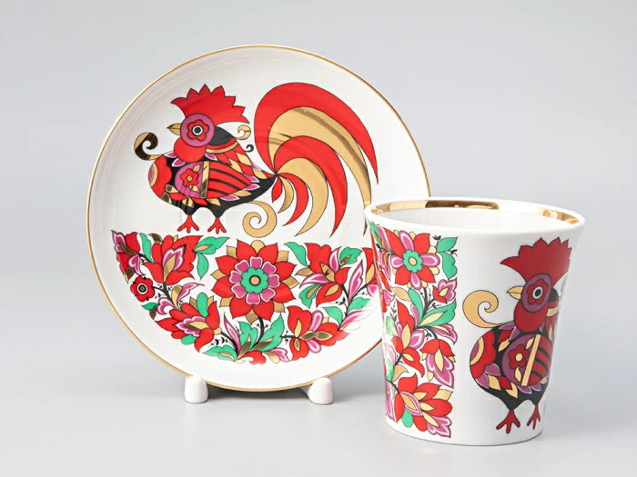 Бокал с блюдцем форма Ленинградский рисунок Красный петух 360 мл арт. 81.25772.00.1, 