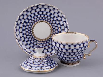 Чашка с блюдцем и с крышкой чайная 250 мл форма Подарочная-2 рисунок Кобальтовая сетка арт. 81.15419.00.1, 