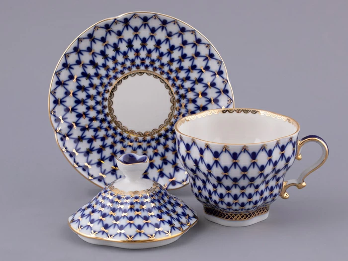 Чашка с блюдцем и с крышкой чайная 250 мл форма Подарочная-2 рисунок Кобальтовая сетка арт. 81.15419.00.1, 