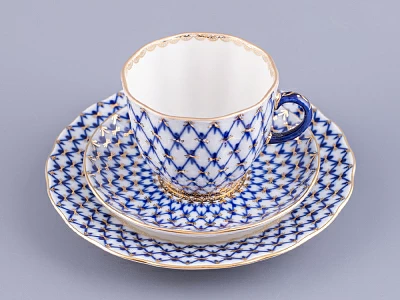 Трехпредметный комплект кофейный форма Тюльпан рисунок Кобальтовая сетка 140 мл арт. 81.10104.00.1