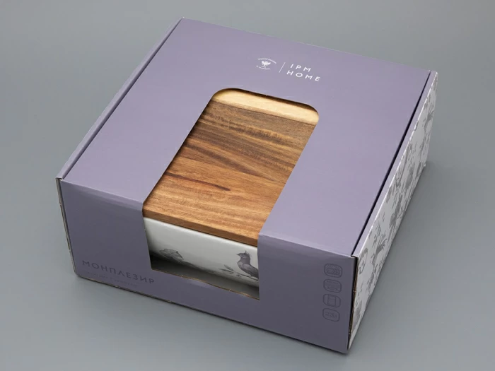 Салатник большого размера с деревянной крышкой форма Стандартная, рисунок Monplaisir Violet в упаковке арт 42.00063.00.1, 