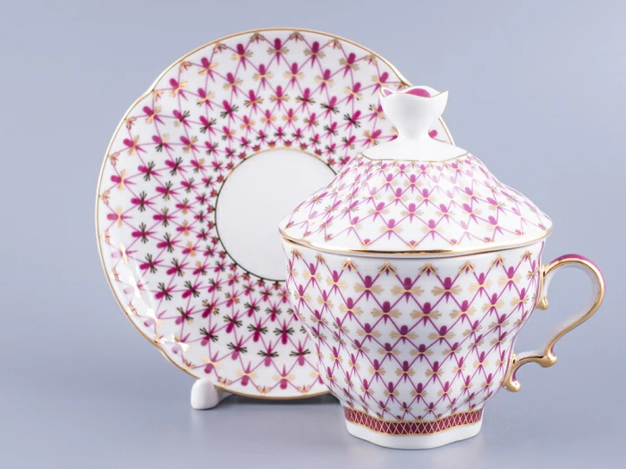 Чашка с блюдцем и крышкой форма Подарочная-2 рисунок Сетка-Блюз 2 арт. 81.26643.00.1, 