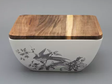 Салатник большого размера с деревянной крышкой форма Стандартная, рисунок Monplaisir Violet в упаковке арт 42.00063.00.1