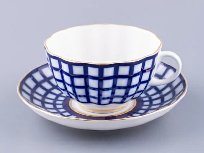 Чашка с блюдцем чайная 250 мл форма Тюльпан рисунок Кобальтовая клетка арт. 81.14860.00.1
