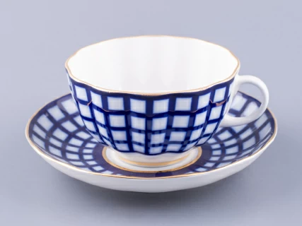 Чашка с блюдцем чайная 250 мл форма Тюльпан рисунок Кобальтовая клетка арт. 81.14860.00.1, 