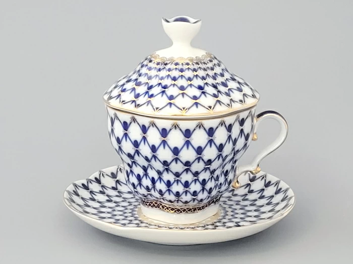 Чашка с блюдцем и с крышкой чайная 250 мл форма Подарочная-2 рисунок Кобальтовая сетка арт. 81.15419.00.1, 