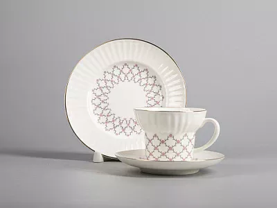 Трехпредметный комплект чайный форма Волна рисунок Розовая сетка 155 мл арт. 81.14622.00.1