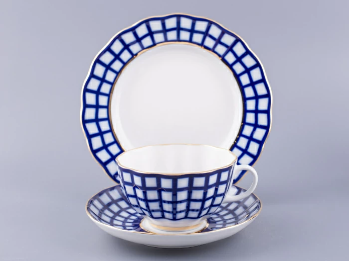 Сервиз чайный форма Тюльпан рисунок Кобальтовая клетка, 6 персон 20 предметов, арт. 81.15116.01.1, 