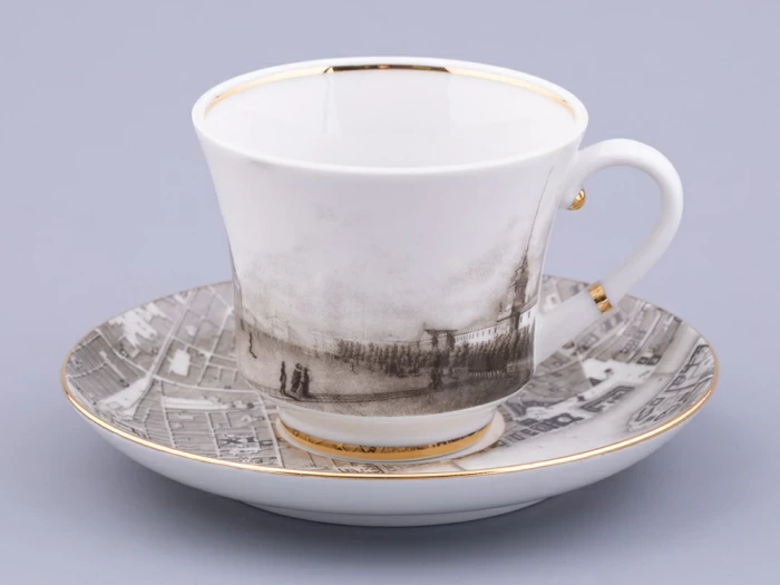 Чашка с блюдцем чайная форма Банкетная рисунок Великолепный Невский У Адмиралтейства, арт. 81.32684.00.1,  Чашка с блюдцем чайная форма Банкетная рисунок Великолепный Невский У Адмиралтейства, арт. 81.32684.00.1,