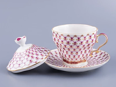 Чашка с блюдцем и крышкой форма Подарочная-2 рисунок Сетка-Блюз 2 арт. 81.26643.00.1