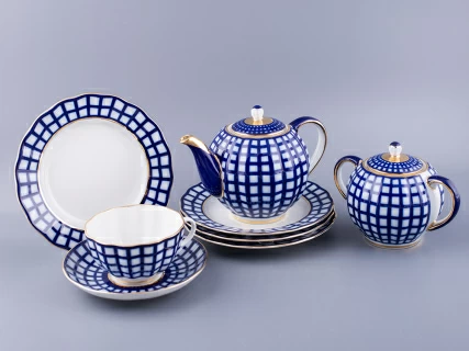 Сервиз чайный форма Тюльпан рисунок Кобальтовая клетка, 6 персон 20 предметов, арт. 81.15116.01.1, 