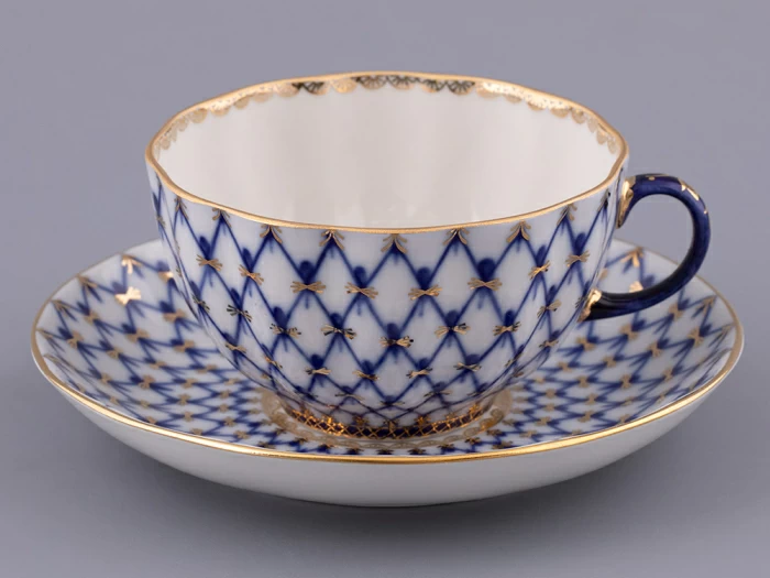 Чашка с блюдцем чайная форма Тюльпан рисунок Кобальтовая сетка, арт 81.10105.90.1, 